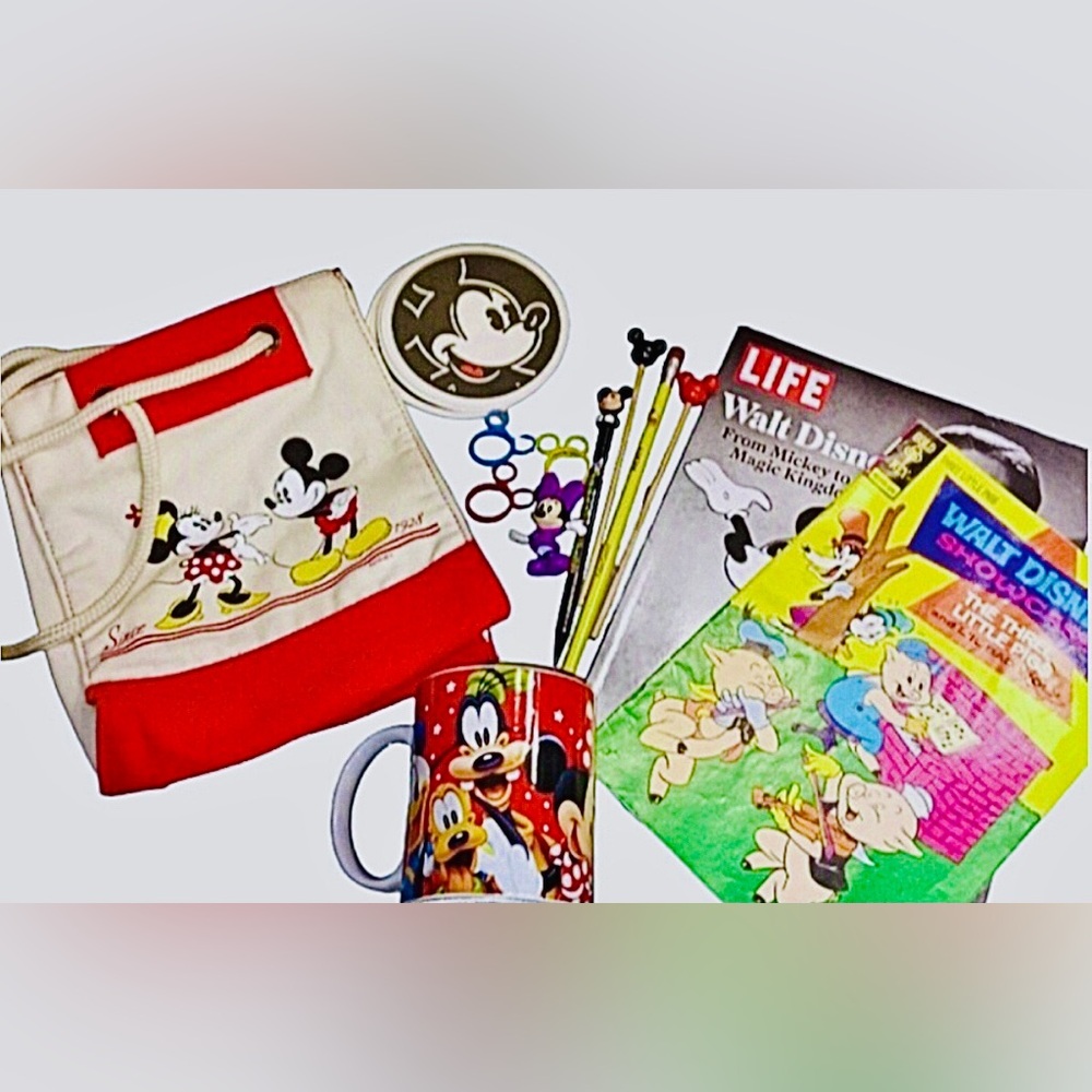 Disney Mickey Mouse LOT: Mug, Bag, Pencils, Paper Clips, Magazines & Coa…